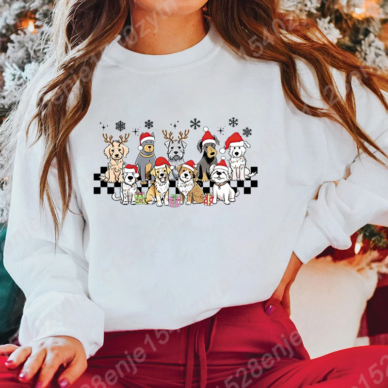 Christmas Light Dog Print Sweatshirt For Women Autumn And Winter Casual Sports Pullover Ladies Round Neck Hoodless Pullover Tops