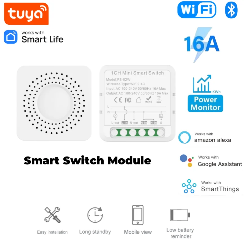 Tuya WIFI Smart Switch Module Smart Life 1 Gang 2 Way Control Switch Power Monitoring Support Alexa Home Voice Control Timeing