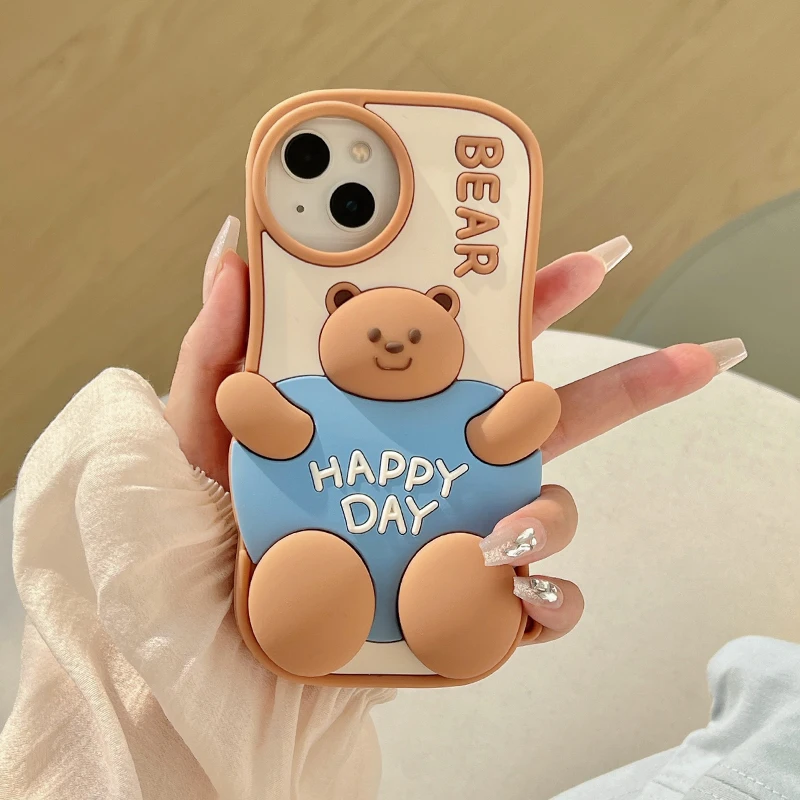 

Cartoon happy Bear Cute 3D Cases For iphone 15 13 14 Pro Max 13pro 15promax Dynamic fold bracket silicone Phone cover kids gift