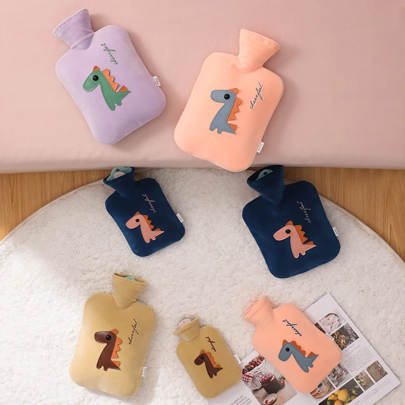 Cute Dinosaur Pattern Flannel Water-filled Hot Water Bag Water Bottles For Girls High-density PVC Inner Liner Household Items