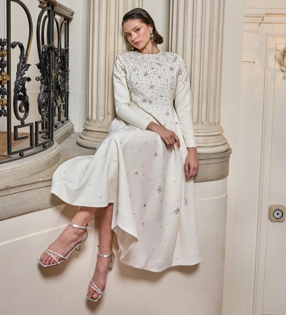 Customized Sparkle Jersey Pleat Sequined A-line Jewel Long Bespoke Occasion Celebrity Dresses Simple Matching
