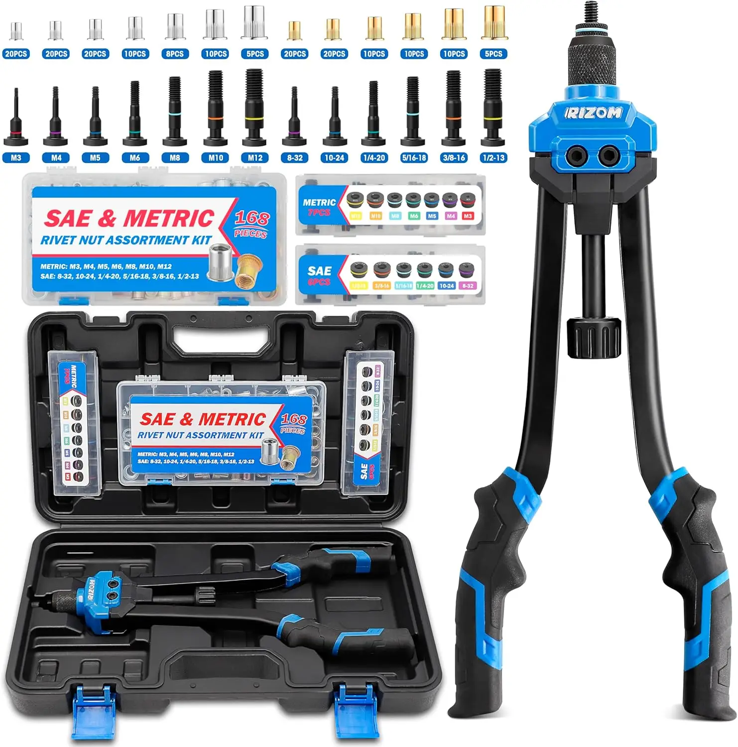 

Набор инструментов для установки резьбовых гаек (16 дюймов) с 13 метрическими/SAE оправками, инструмент для установки резьбовых гаек, комплект из 168 предметов в кейсе для переноски