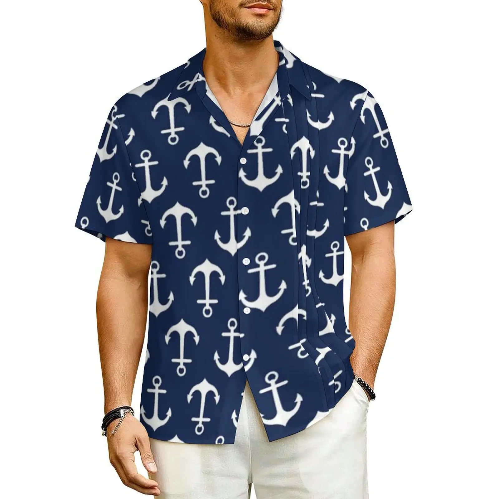 Navy Blue Nautical Vacation Shirt Anchor Summer Casual Shirts Male Trendy Blouses Short Sleeve Streetwear Graphic Clothes