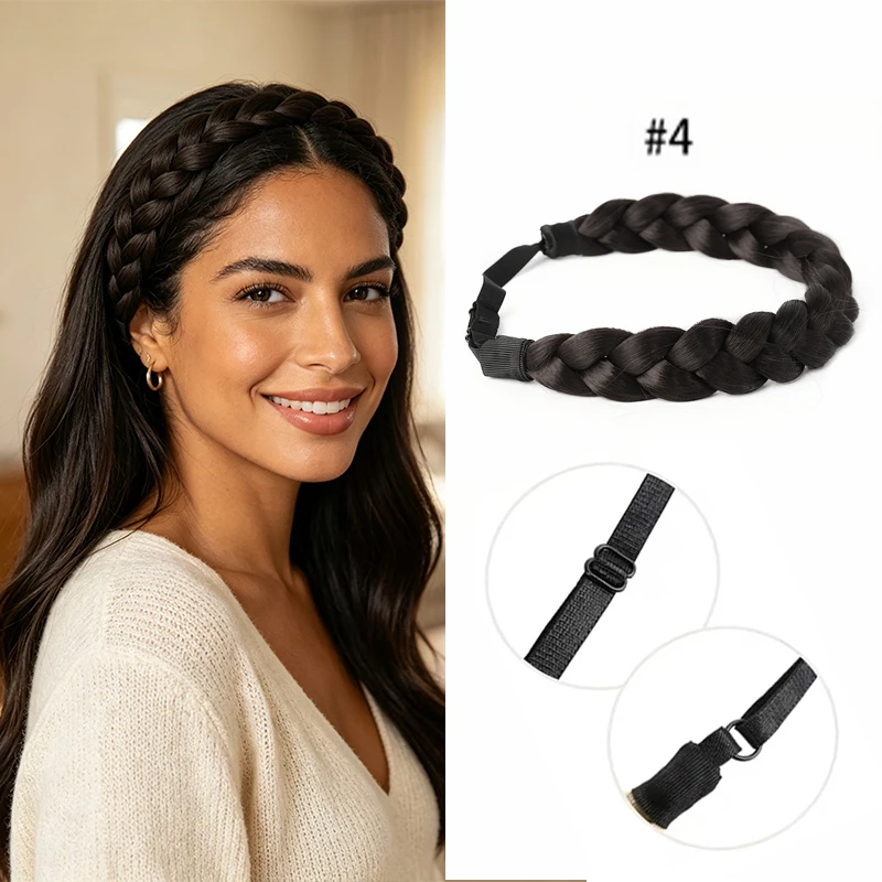 Black Thick Braided Headband for Women Premium Synthetic Fiber Adjustable Fake Hair Braid Hairband Comfortable Hair Accessories