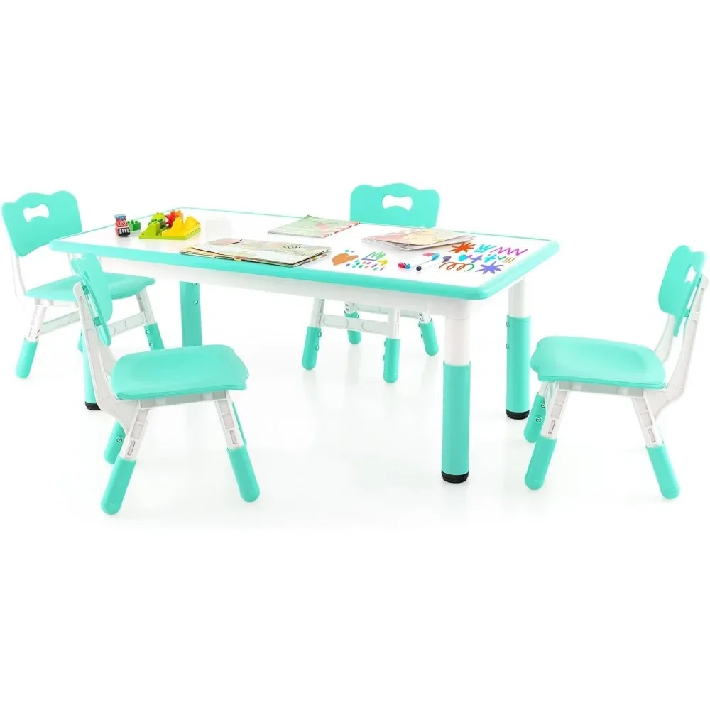 Kids Table and Chair Set, Height Adjustable Children Activity Table and 4 Chairs Set w/Erasable Graffiti Desktop