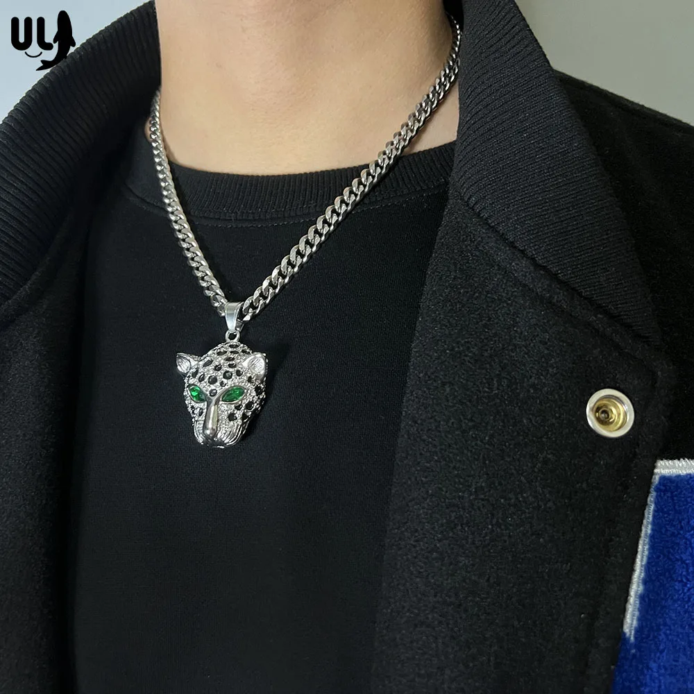 ULJ Classic High Quality Zirconia Stainless Steel Animal Leopard Head Pendant Gold Silve Color Women Man Chain Necklace Jewelry