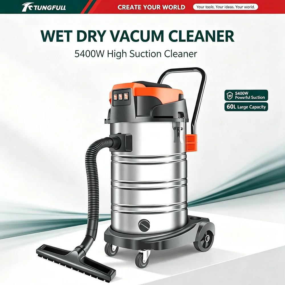TUNGFULL Heavy Duty Wet And Dry Vacuum Cleaner 5400W Powerful Suction 60L Capacity Commercial Vacuum For Construction Site Hotel