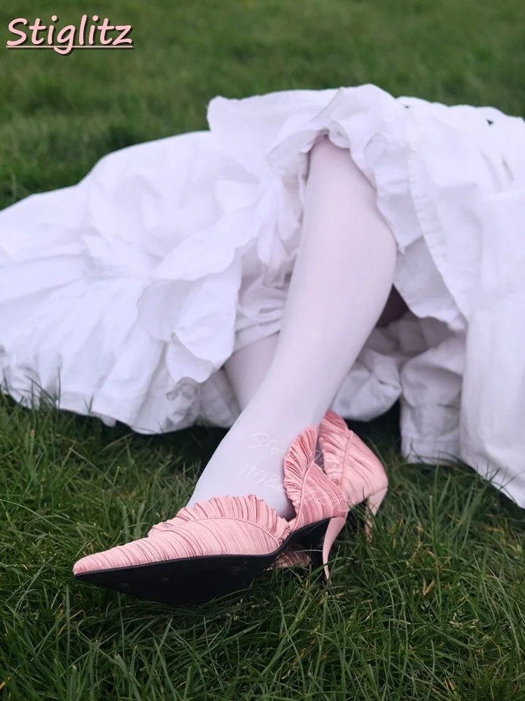 

Satin Pleated Ruffle Pumps Sweet Solid Pointed Toe Shallow Slip-on Stilettos 2025 Women Fashion Elegant Dress Thin Heels Shoes