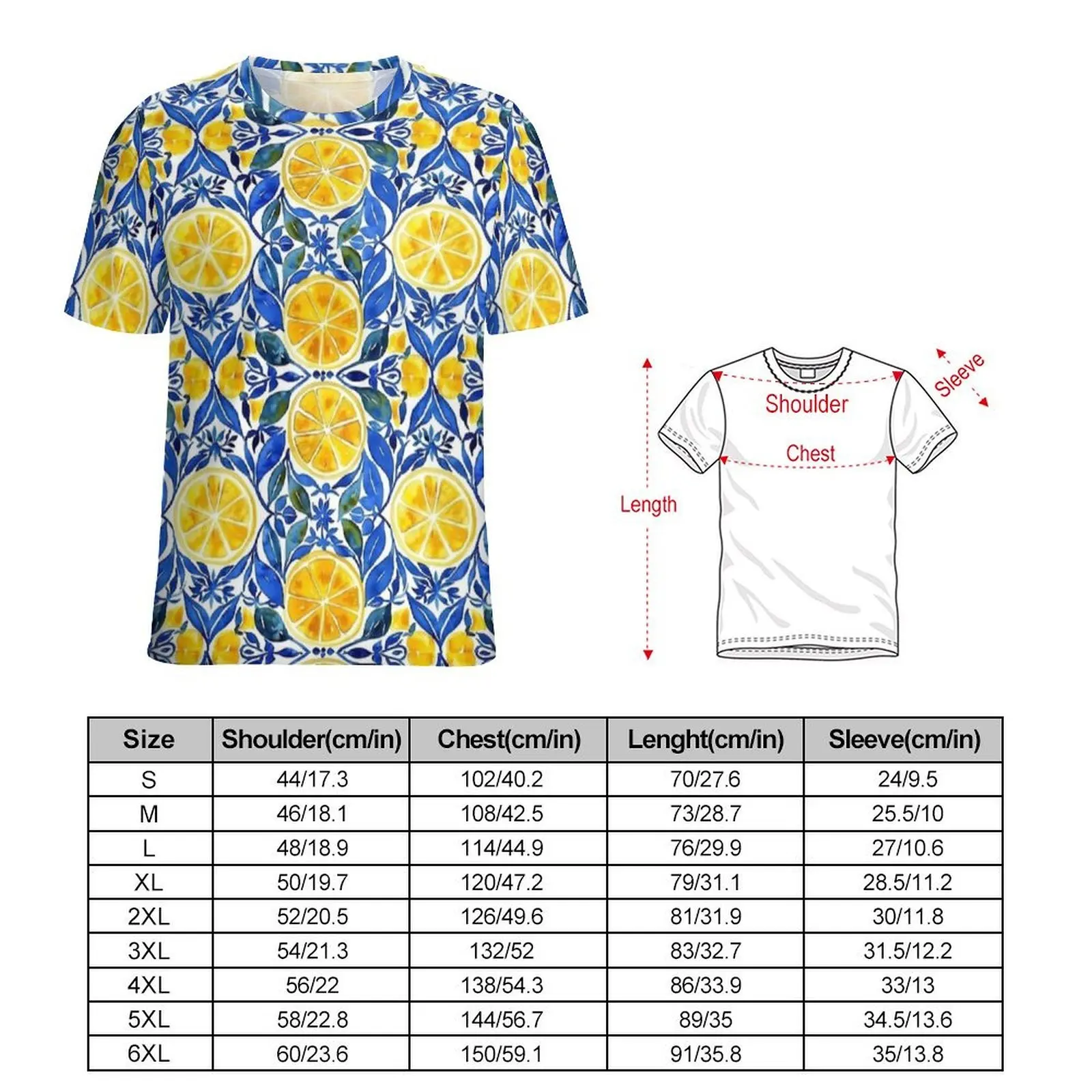 Blue Citrus Tile Print T Shirt  Retro T Shirts Man Aesthetic Tshirt Summer Short-Sleeve Printed Tops Big Size 5XL 6XL
