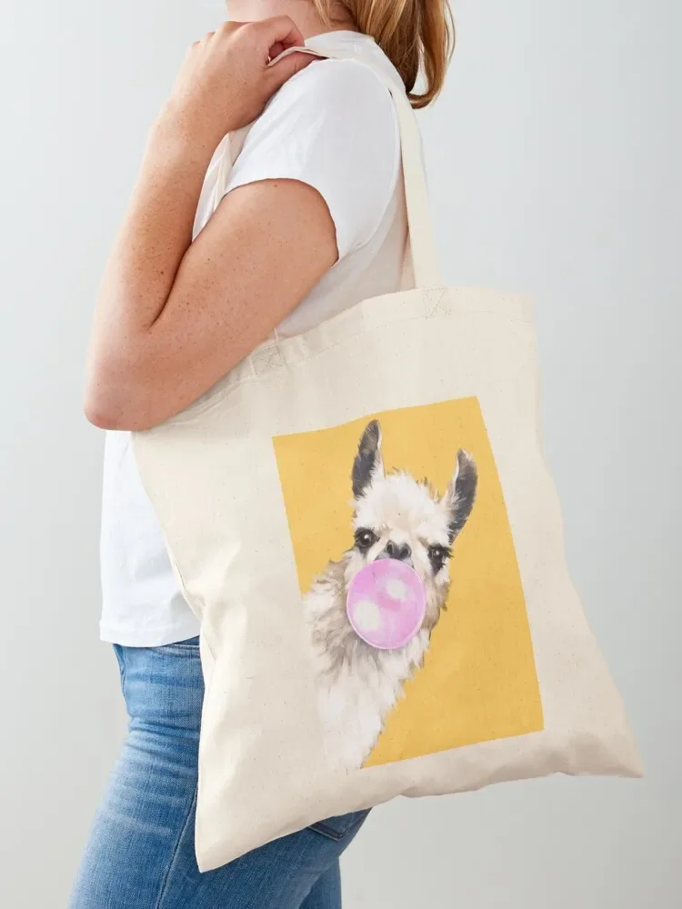 Bubble Gum Sneaky Llama in Mustard Yellow Tote Bag bag luxury women reusable grocery bags Canvas bag Eco