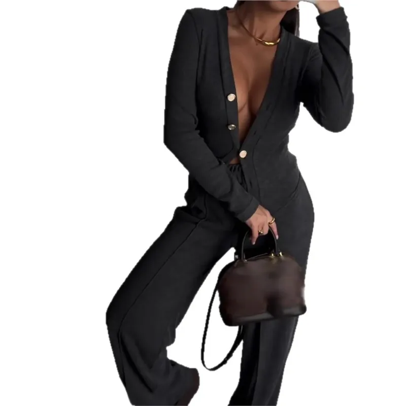 2025, casual trainingspaksets voor dames, metalen knopen, los vest, tops + rechte joggingbroek, effen mode, hardloopstraatoutfits