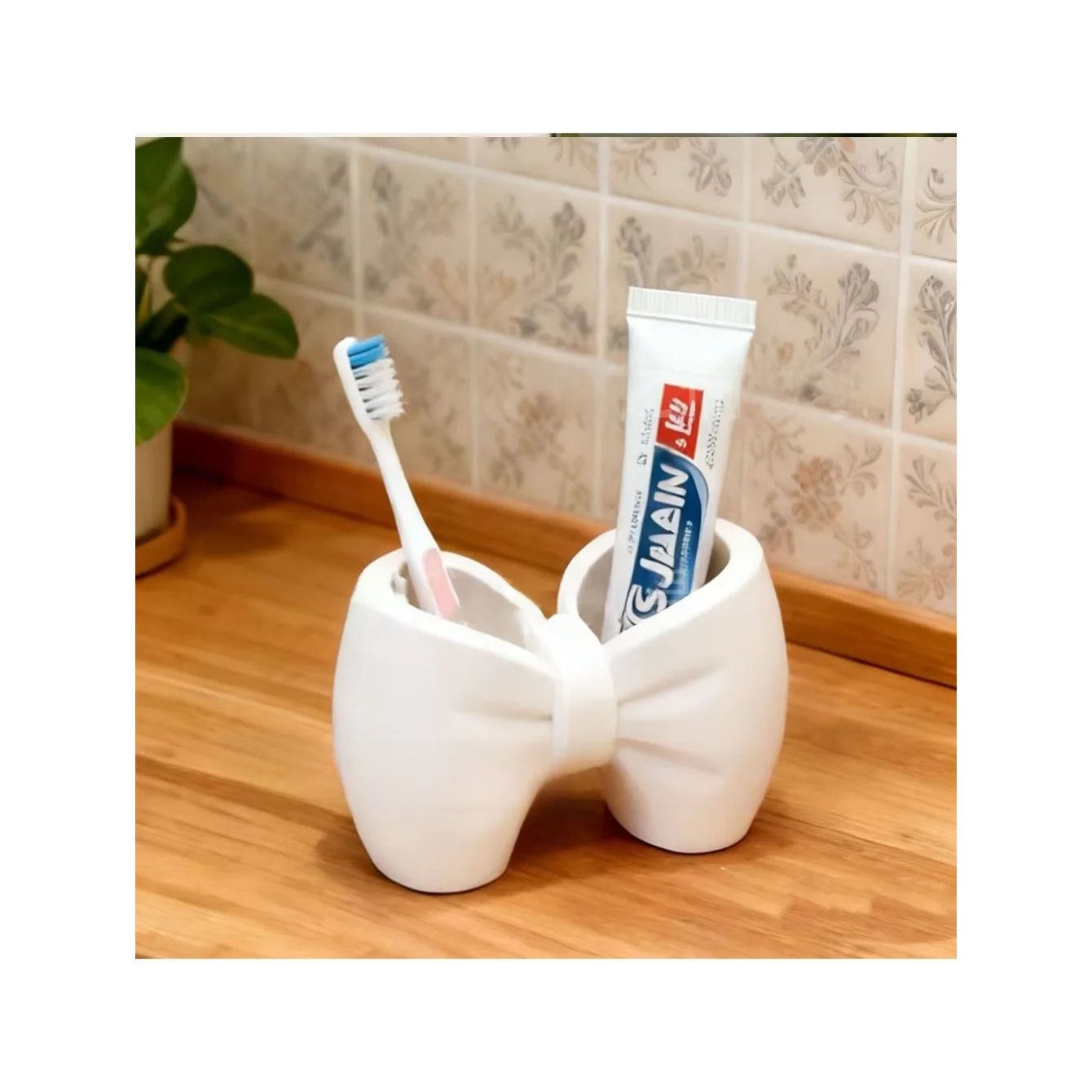 Cute Bow Plastic Toothbrush Holder, Multifunctional as Pen Holder, No Installation Needed for Bathroom and Bedroom Home Decorati