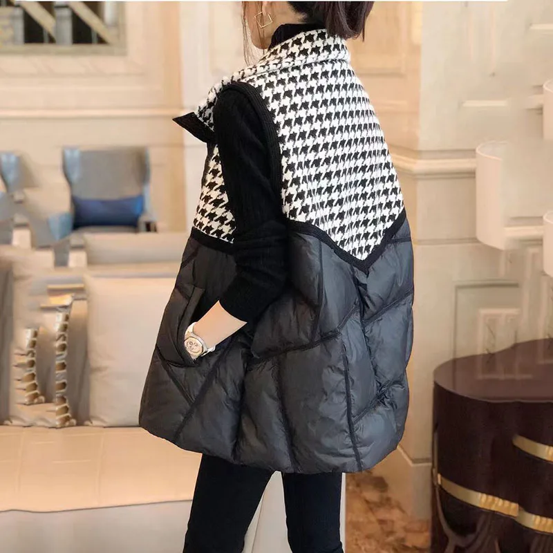 New Womens Plaid Splicing Down Cotton Vest Coat Autumn Winter Black Sleeveless Cotton Jacket Female Casual Warm Puffer Waistcoat