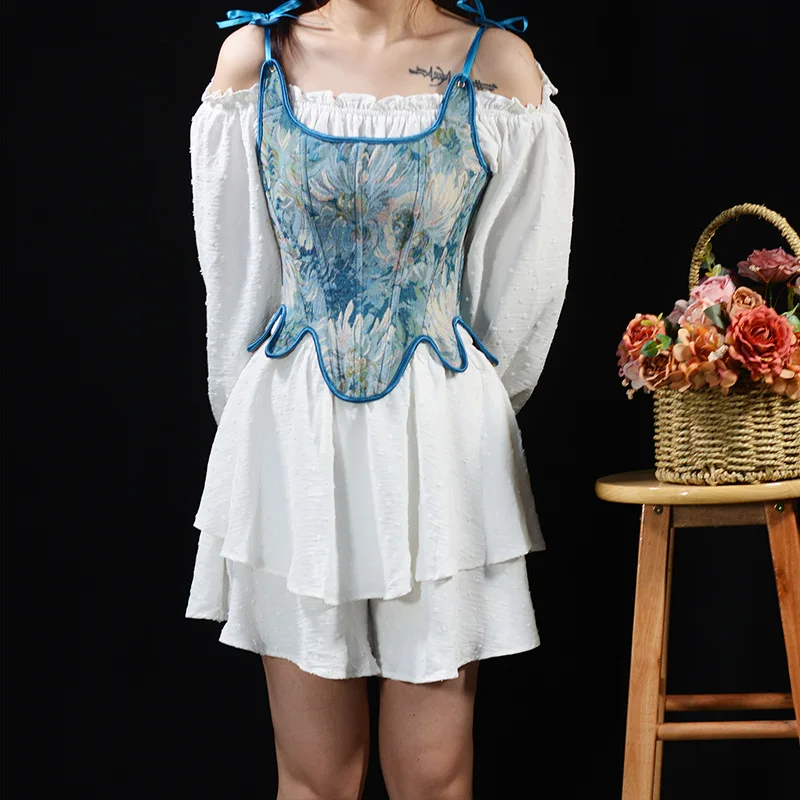 

Сексуальный синий корсет-бюстье женский винтажный жаккардовый жилет в стиле Лолиты на шнуровке без рукавов черный топ на бретелях готические корсеты модная уличная одежда