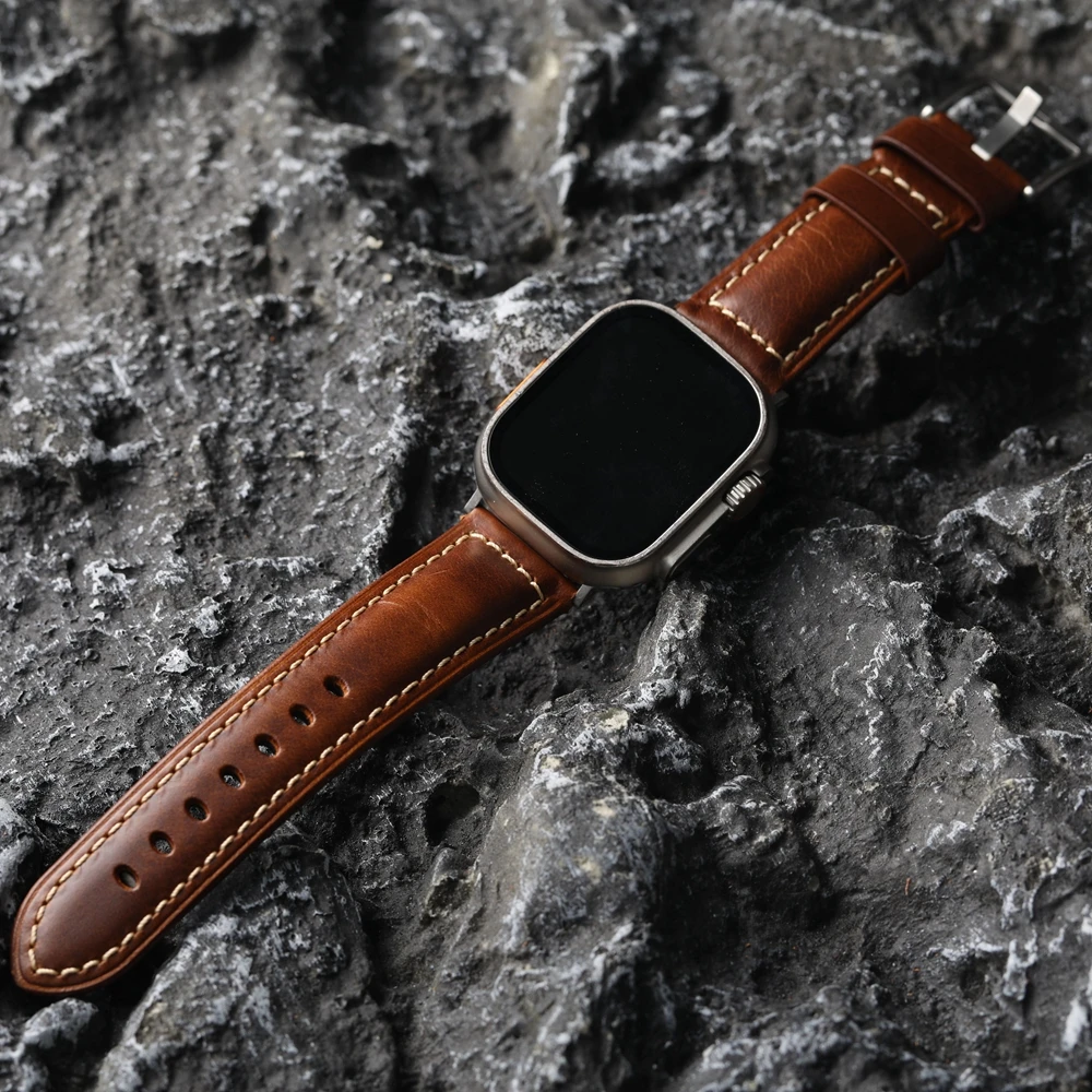 Handmade Oiled Wax Leather Strap For Iwatch9 Apple Watch Watchband S9 S8 Ultra2 Brown Soft 49MM 45 44 Men Brown Black Blue