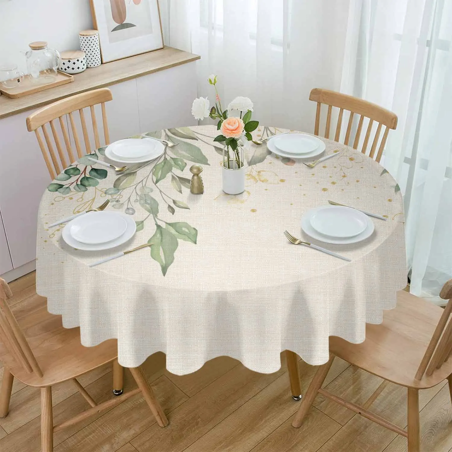 Eucalyptus Leaf Flower Waterproof Tablecloth Tea Table Decoration Round Table Cover For Kitchen Wedding Home