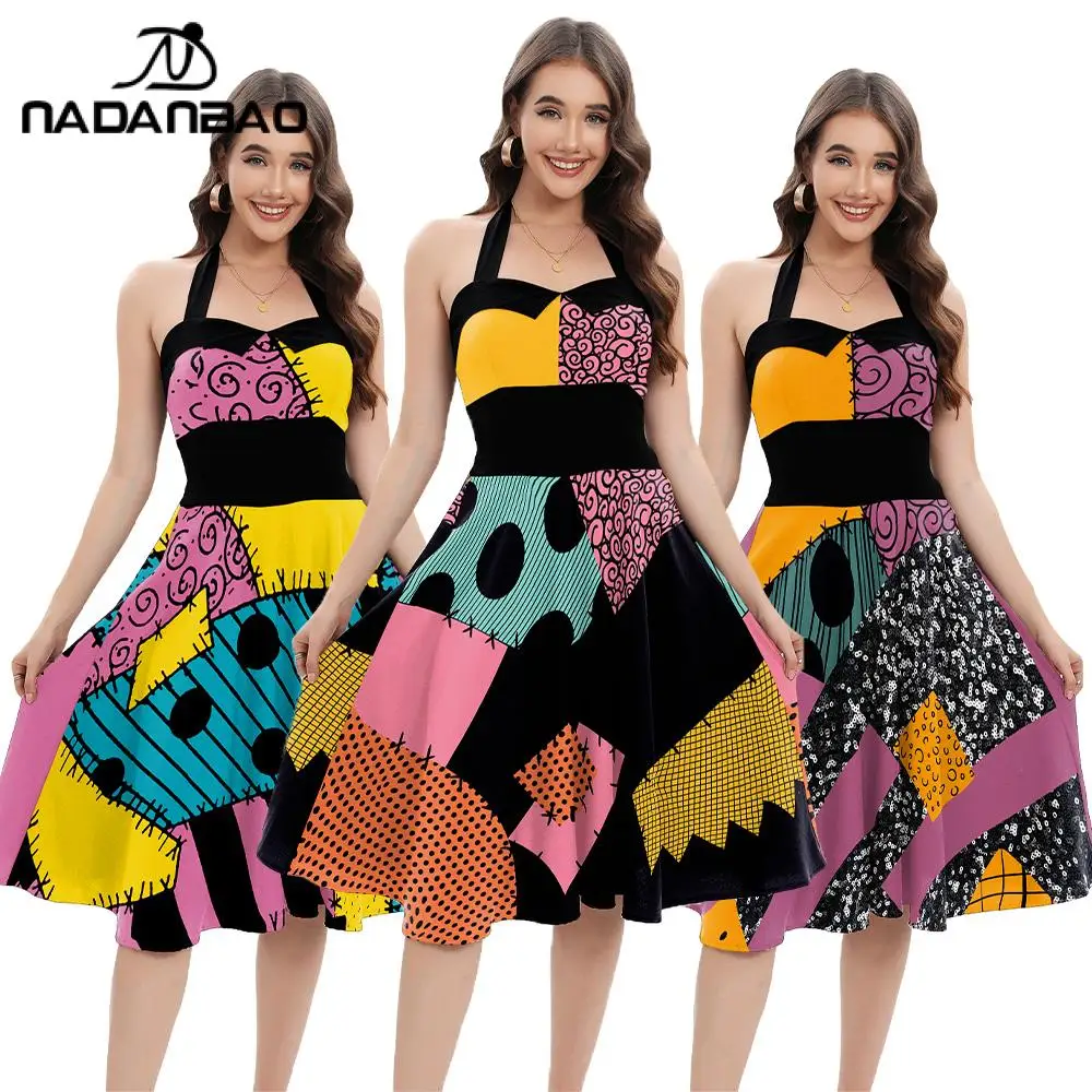 Nadanbao Хэллоуин Салли платье для косплея для женщин элегантные вечерние платья без рукавов с лямкой на шее аниме костюм из фильма одежда с принтом