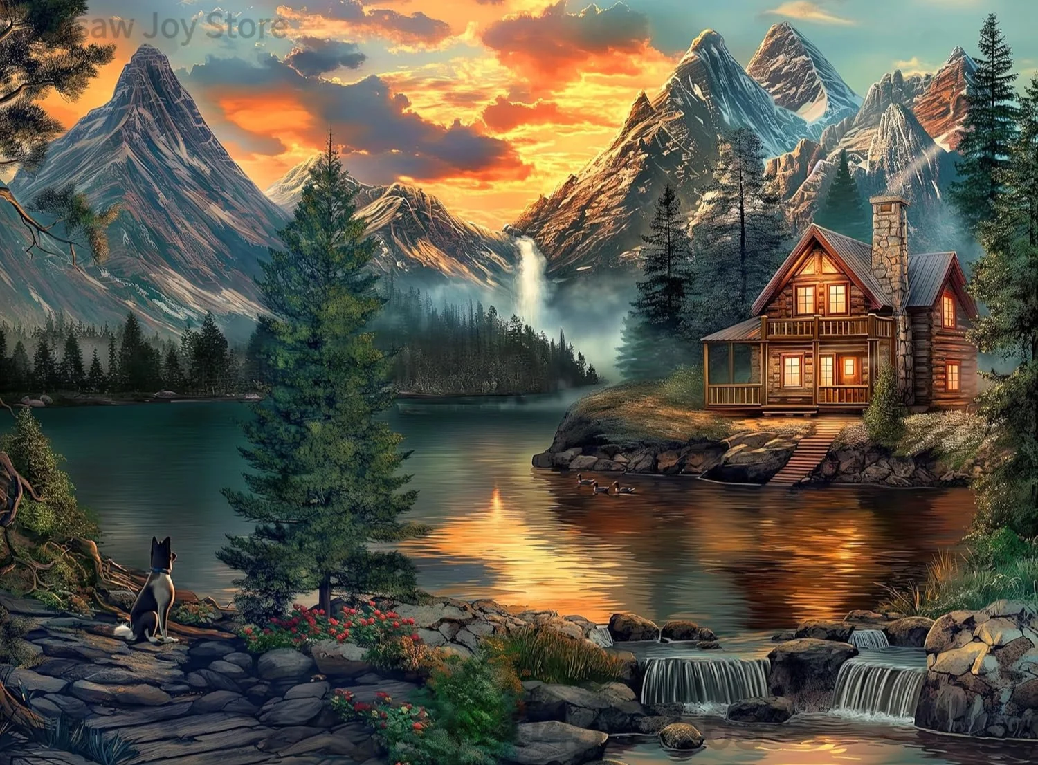 Fantasy Art Jigsaw Puzzle, Tree Reflection Lake, Mountain Cabin Sunset, Vintage Green Library, Fire Moon Rose, 500-2000Pcs