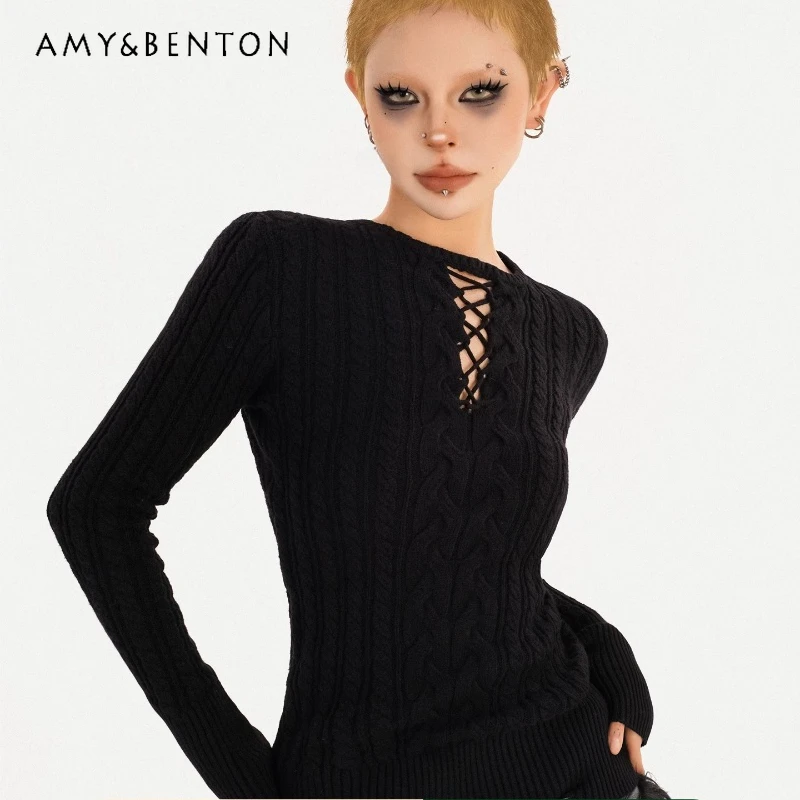 

Vintage Design Black Long Sleeve Knitted Women's Bottoming Shirt Autumn Winter Hollow Out Sexy Hot Girl Slimming Pullover Ladies