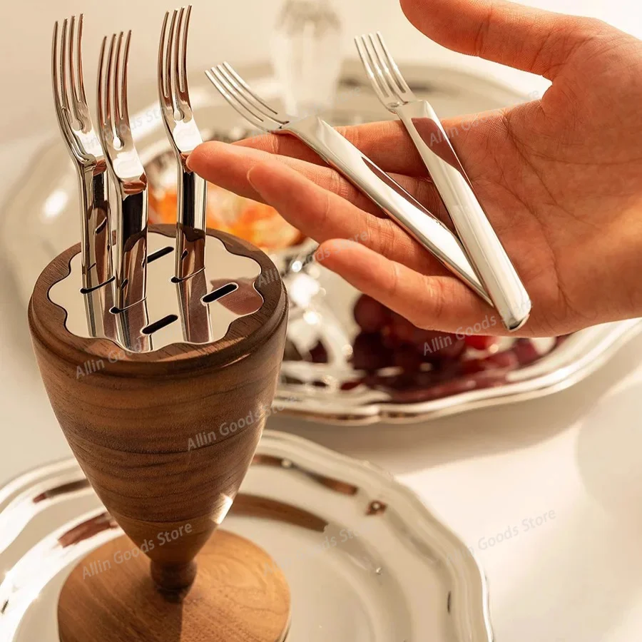 Premium 6-Piece Fruit Fork Set with Storage Stand, Stainless Steel Mini Dessert Forks, Table Ornament for Household, Banquet