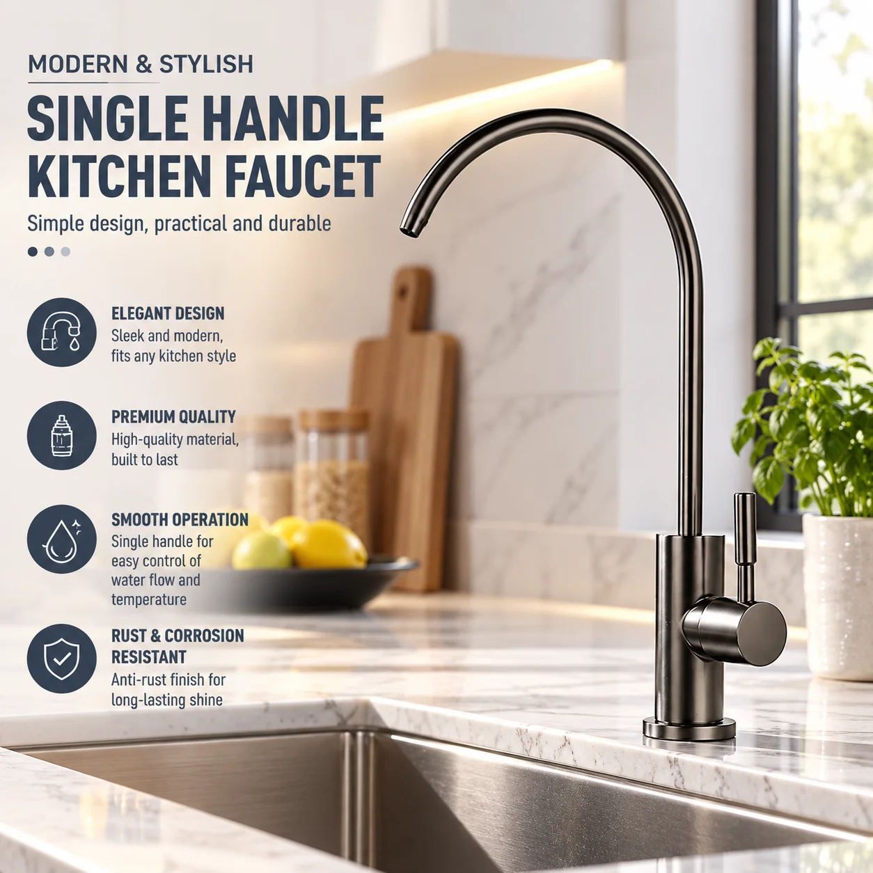 Lead-Free SUS304 Stainless Steel Water Purifier Faucet Gooseneck Kitchen Sink Tap RO Filter Drinking Water with 1/4 1/2