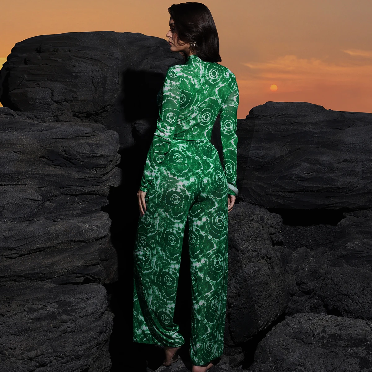Green Tie Dye Mesh 2 Piece Beach Cover Up Half Zip Long Sleeve Bodysuit Drawstring Wide Leg Pants Women Swimwear Matching Set