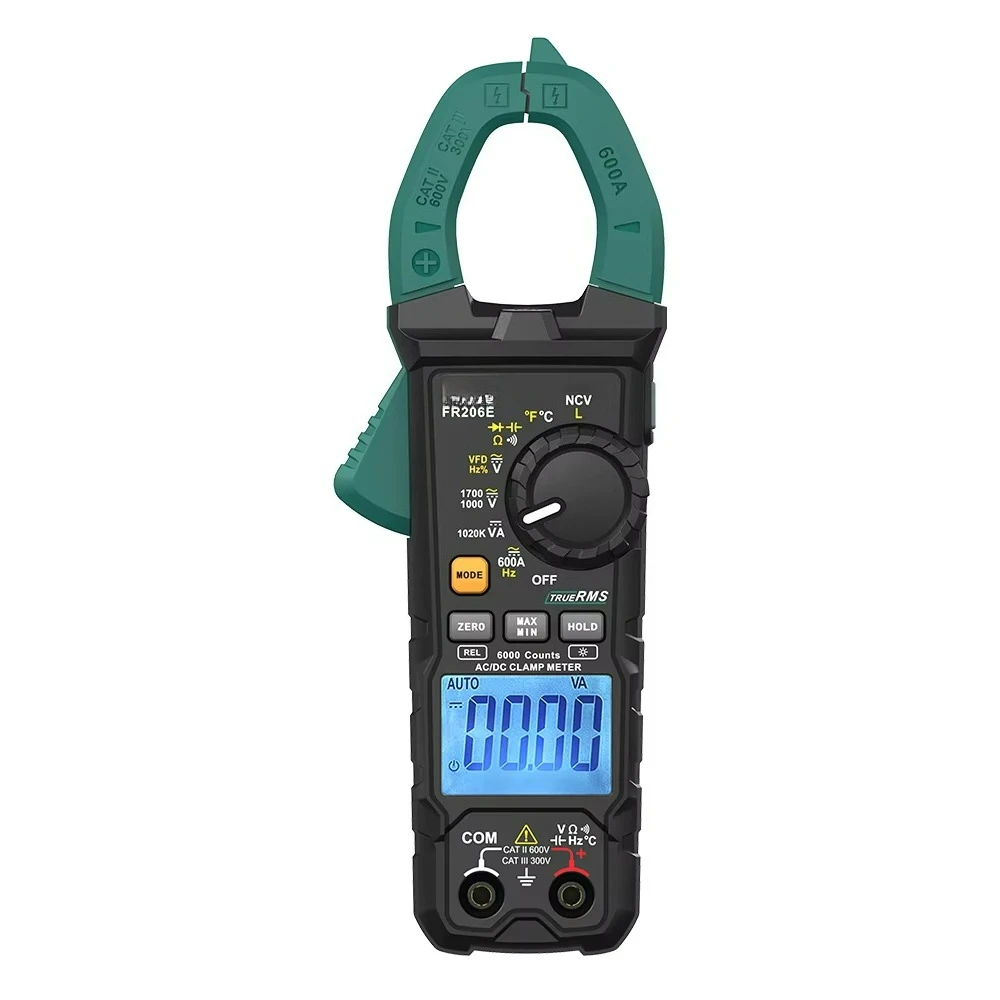 FR206E Digital Clamp Meter 6000 Count True RMS AC/DC 1000A Ohm Low z NCV Multimeter with Resistance and Diode Measurement