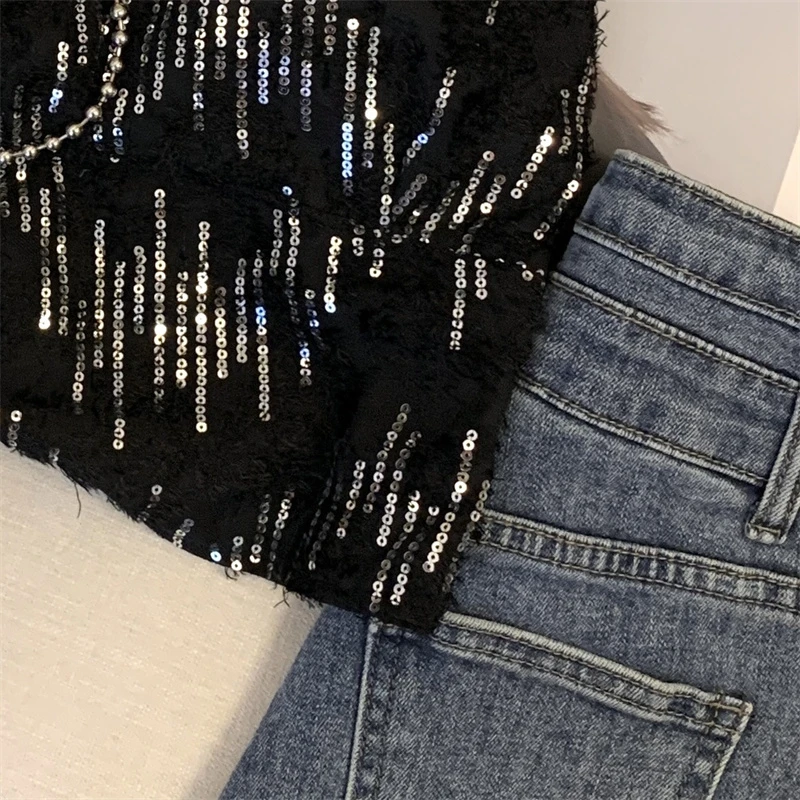 Sexy elegante camisola coletes feminino lantejoulas colheita topos slings 2025 verão sem mangas profundo decote em v moda chique senhoras camisetas jumpers