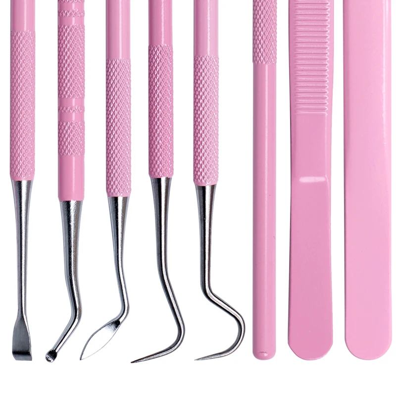 Kit de limpieza de herramientas bucales de dentista, pinzas de espejo de boca rosa, doble sonda, hoz, escalador, instrumento de dentistería, 8 Uds.