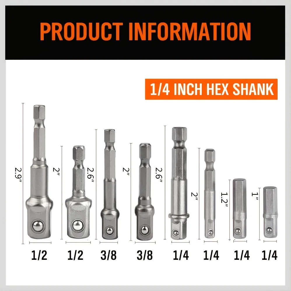 Drill Socket Adapter 1/4'' Hex Shank Extension For Impact Driver 1/2'' 3/8'' 1/4'' Square Head Drill Bit Adapter Set Hand Tools image 3