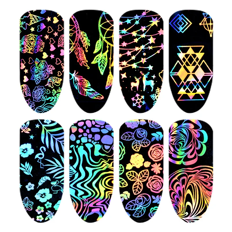 8 adet holografik renkli tırnak çıkartmaları pırıltılı lazer Nail Art transferi folyo yıldızlı gökyüzü çıkartması manikür UV jel lehçe dekor için
