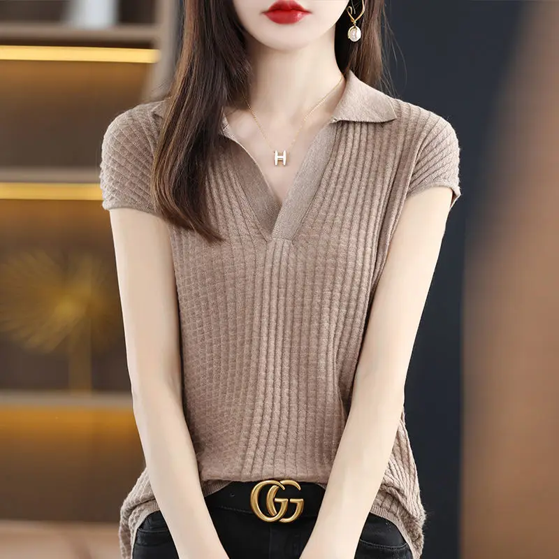 Fashion Lapel Solid Color Short Sleeve Shirt Summer All-match Casual Pullovers 2024 Women Clothing Loose Commute Knitted Blouse