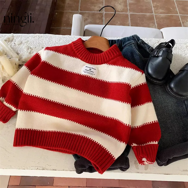 Kids' sweater2024Autumn and Winter Boys and Girls New Year Thermal Sweater Baby Striped Bottoming Shirt New Year Clothes