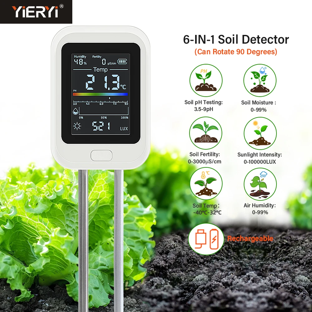 Yieryi Rechargeable 6-in-1 Soil PH Tester Moisture/Fertility/Sunlight/Temp/pH Meter Earth Nutrient Analyzer for Gardening Farm