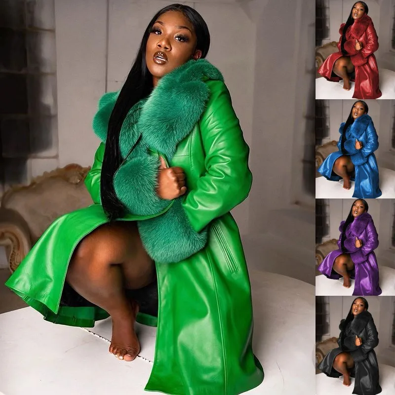 

ZEMOREXMZ женское пальто модное повседневное однотонное пальто с длинным рукавом из искусственной кожи с меховым отложным воротником на молнии теплая осень-зима