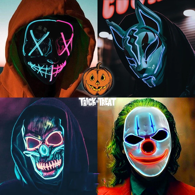 Halloween Scary Glowing Mask Demon Slayer Neon LED for Masquerade Halloween Party Adult Children Mask Bar Decor Horror Prop