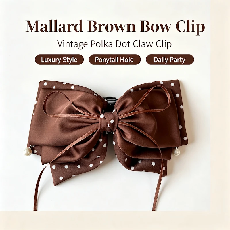 Maillard Brown Vintage Ponytail Clip Bow Polka Dot Fashion Claw Clip Women Luxury Versatile Hair Clip Elegant Hair Accessories