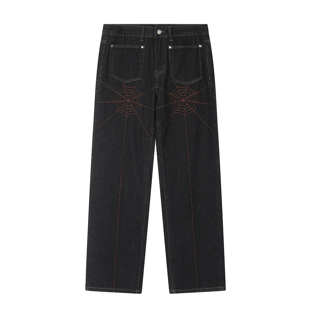 

Front Pockets Spider Web Lines Washed Baggy Jeans for Men and Women Straight Pantalones Hombre Casual Denim Trousers Oversized