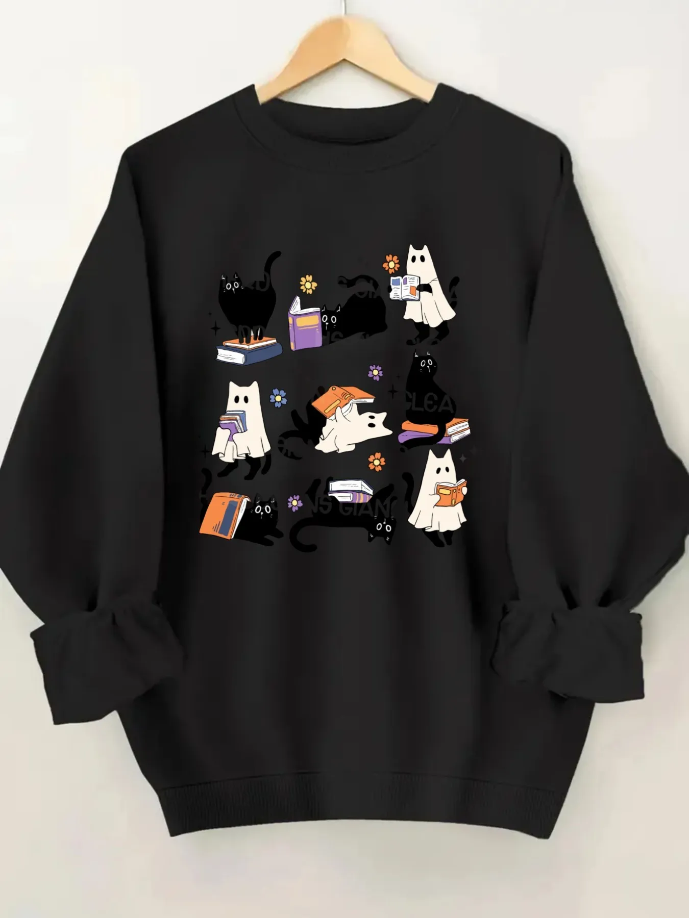 Women's Crewneck Pullover Sweatshirt Cute Cat Print Design, Soft Casual Long Sleeve, Daily Casual Top Outfit, Winter Women's Clothing, Halloween Costume Outfit