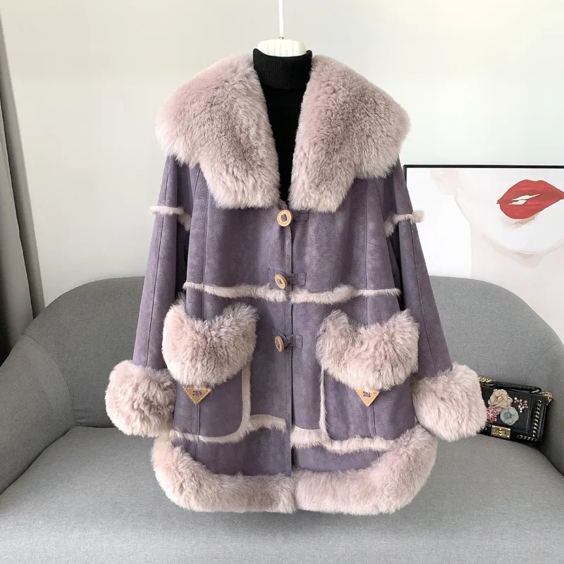 Female Girl Navy Wool Collar Real Rabbit Fur Coat Women Winter Warm Poncho Large Hem with Lining Overcoat PT402