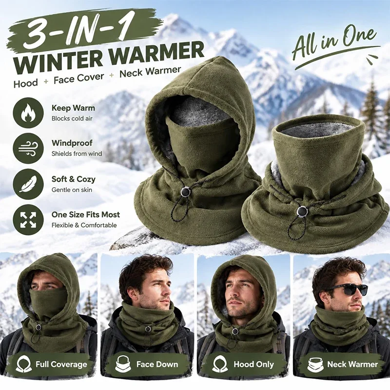 3-in-1 Fleece Double‑layer Integrated Hat Windproof Warm Winter Flannel Warm Mask Hat Balaclava Hood Fleece Lined 360 Full Cover