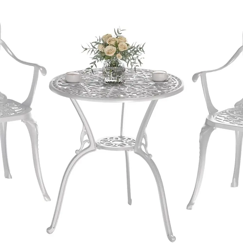 

White Cast Aluminum 3-Piece Patio Bistro Set with Umbrella Hole for Outdoor Backyard, Garden, or Lawn
