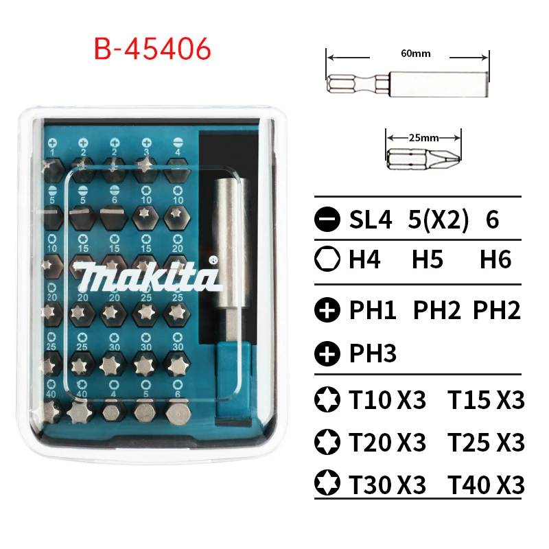 Makita-Juego de cabezales de lote de mango Hexagonal, broca magnética en caja, brocas de destornillador Torx ranuradas, vástago Hexagonal de 6,35mm,