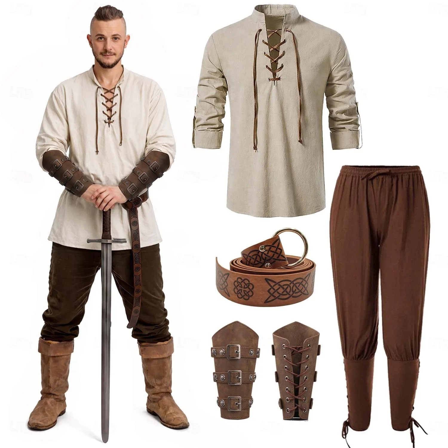 Männer Mittelalterliches Renaissance-Cosplay-Kostümset Halloween Karneval Hemd Hose Outfit Bühnenauftritt Ritter Krieger Faschingskostüm – Detail 7