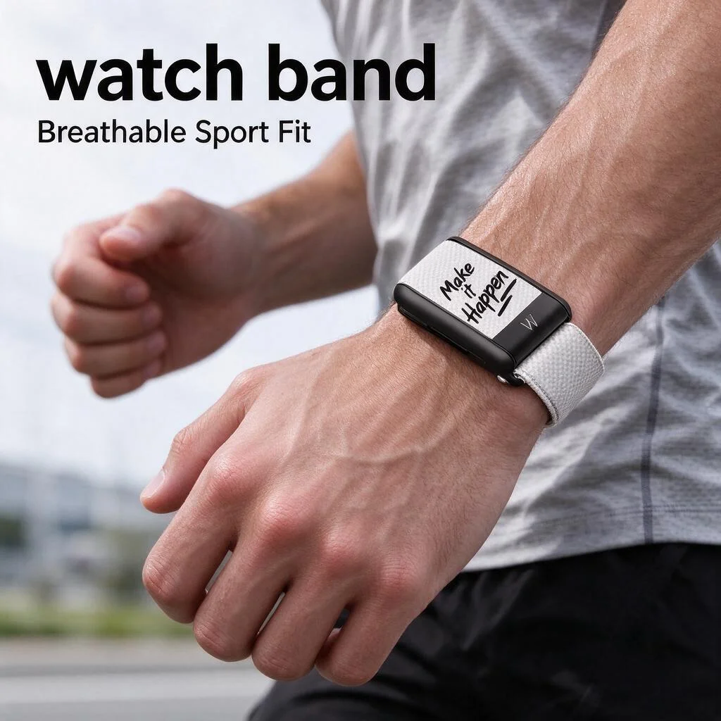 WHOOP 5.0 MG White Nylon Woven Replacement Band Blue MAKE IT HAPPEN Slogan Printed Sport Wrist Strap Fitness Tracker Accessory