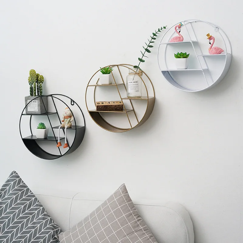 

Nordic Simple Iron Art Circular Hexagonal Wall Decoration Wall Hanging Rack Creative Home Living Room Wall Shelving