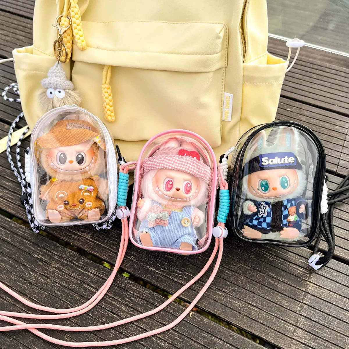 For 15cm Labubu V2 Sitting Party Cotton Doll Crossbody Pain Bag PVC Storage Bag Hairball Dolls Display Bag