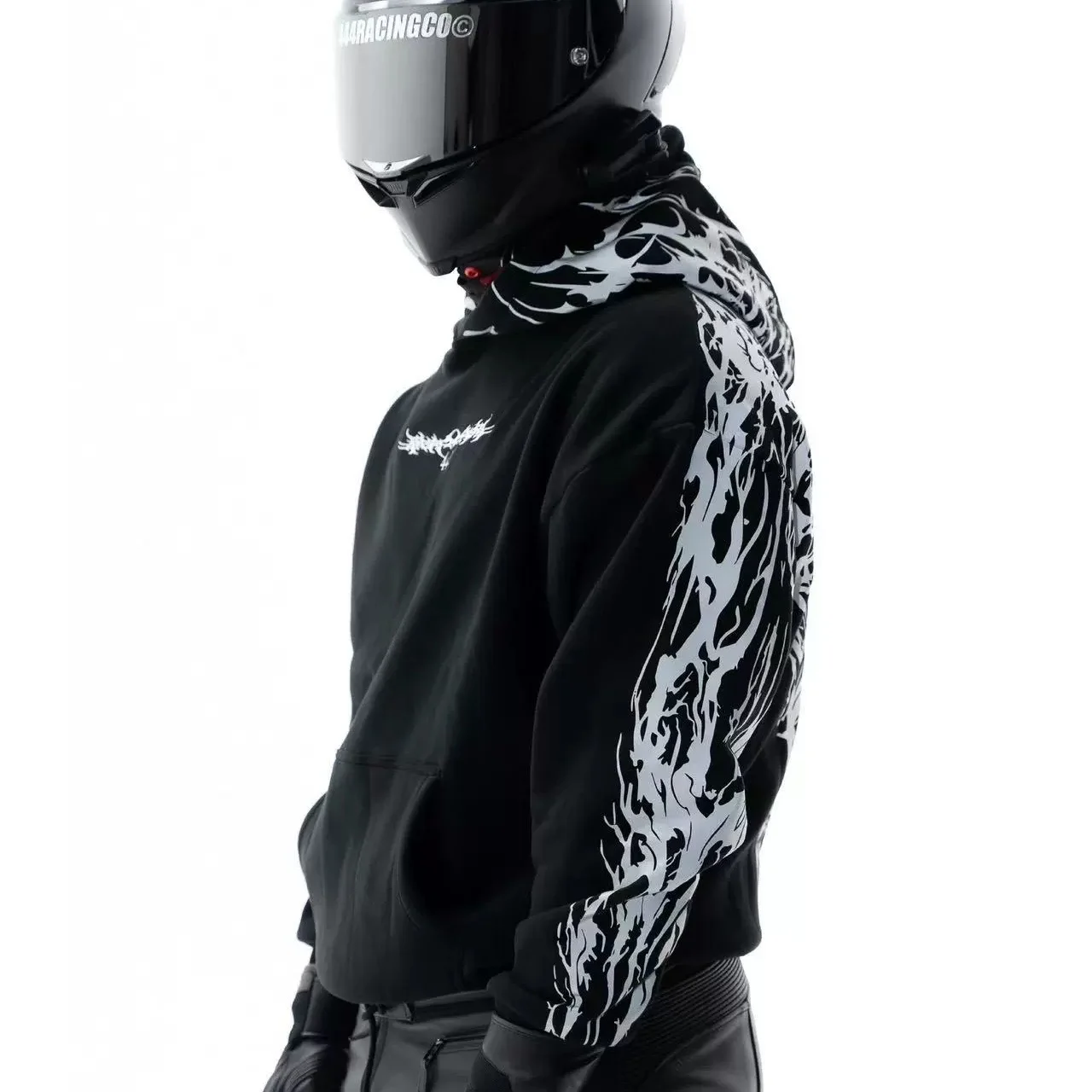 New Loose‑fit Motorcycle Rider Night Outing Men Street Reflective Hoodie Y2k Style Gothic Long‑sleeve Pullover Hooded Sweatshirt