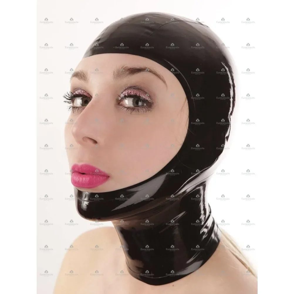Maßgeschneiderte Latexmaske mit transparentem, klarem Gesicht, Gummi-Latexmaske ohne Gesicht in Schwarz und Rot, handgefertigte Clubwear