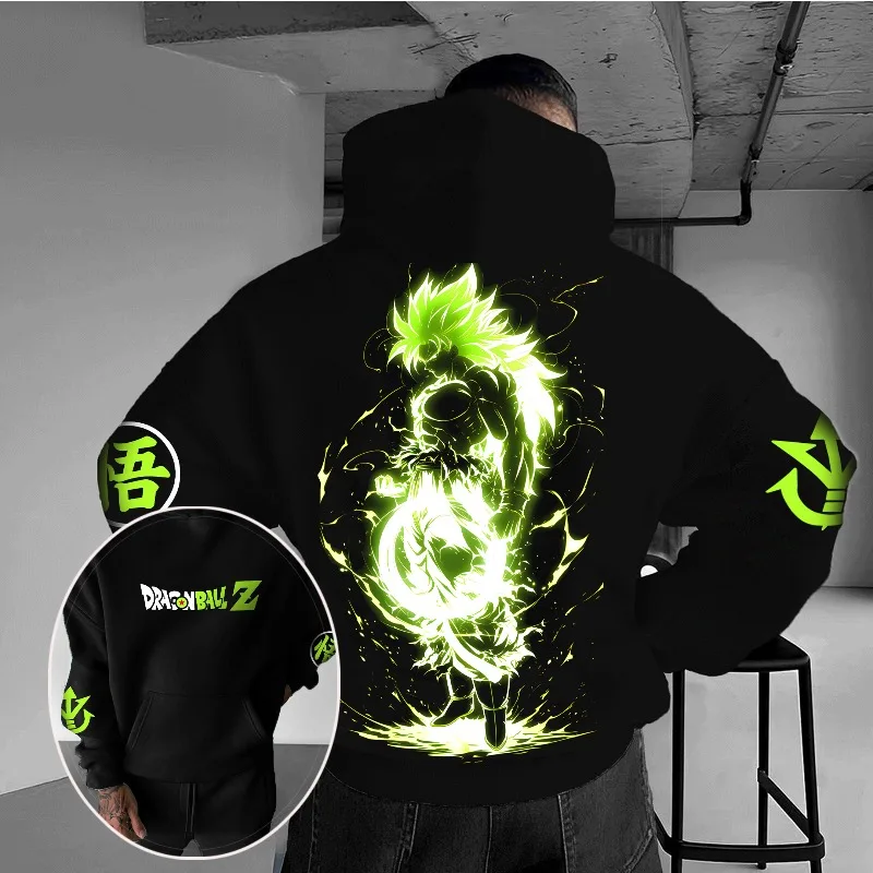 

Dragon Ball Z Anime 3D Print Hoodie Broly Super Saiyan Character Graphic Hoodie with Green Energy Aura & Kanji Element Design